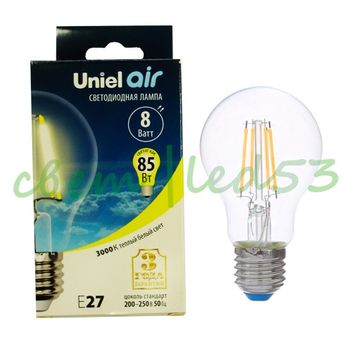 Лампа светодиодная филаментная led A60 8W WW E27 CL GLA01TR uniel air