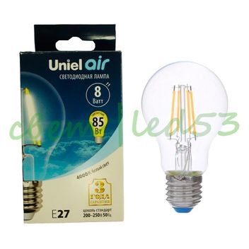 Лампа светодиодная филаментная led A60 8W NW E27 CL GLA01TR uniel air
